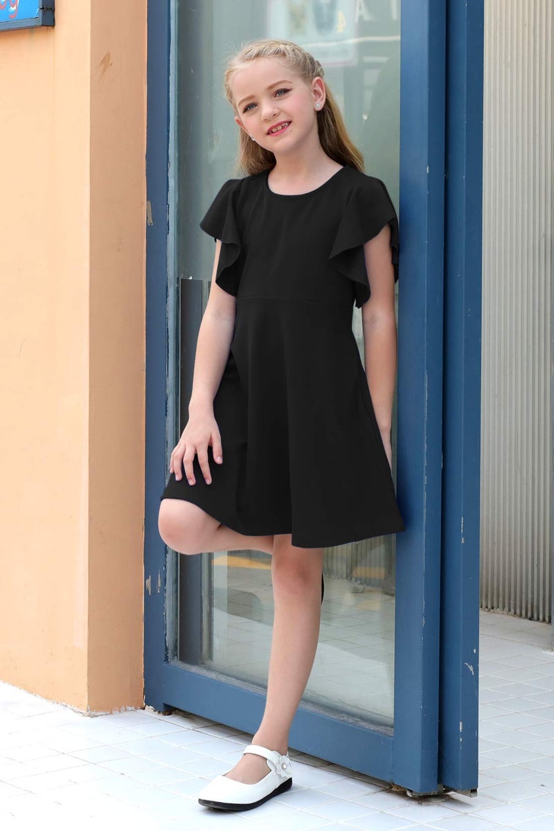GORLYA Girl's Flutter Sleeve Stretchy A-Line Swing Flared Skater Party Dress with Pockets for 6 Years Kids (GOR1019, 6-7Y, Black Color) - Image 3
